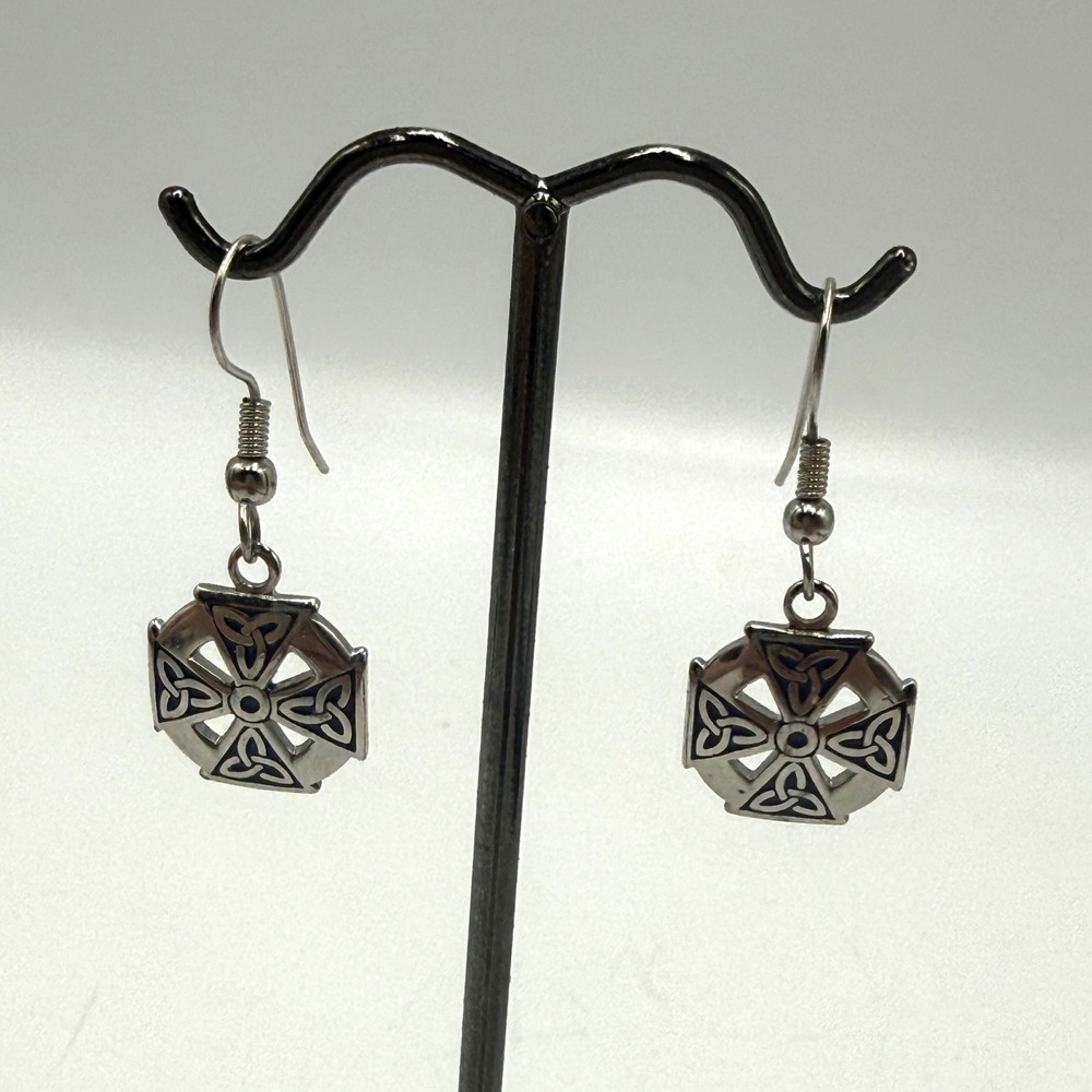 Celtic Cross Knotwork Drop Earrings Silver Tone Triquetra Dangle Jewelry